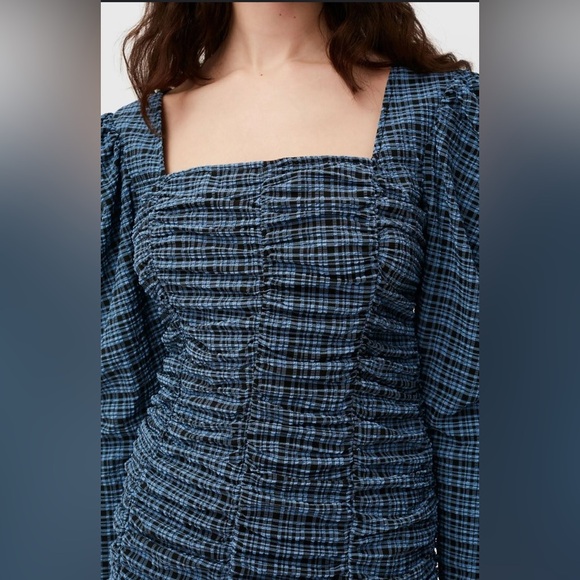GANNI Ruched checked stretch-seersucker mini dress, Size 42 - Picture 12 of 16